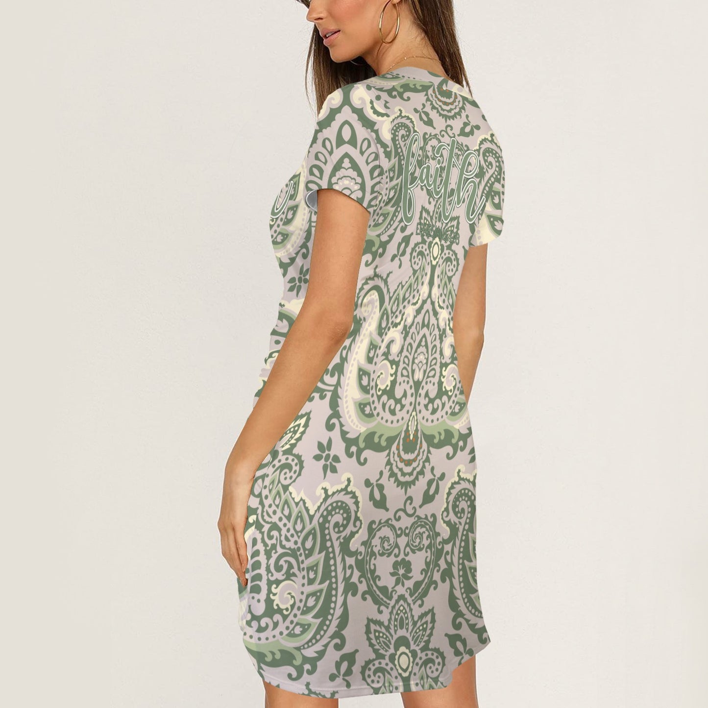 "Faith Ephesians 2:8" Green Paisley Short Sleeve Wrap Bodycon Ruched Tie Waist Dress