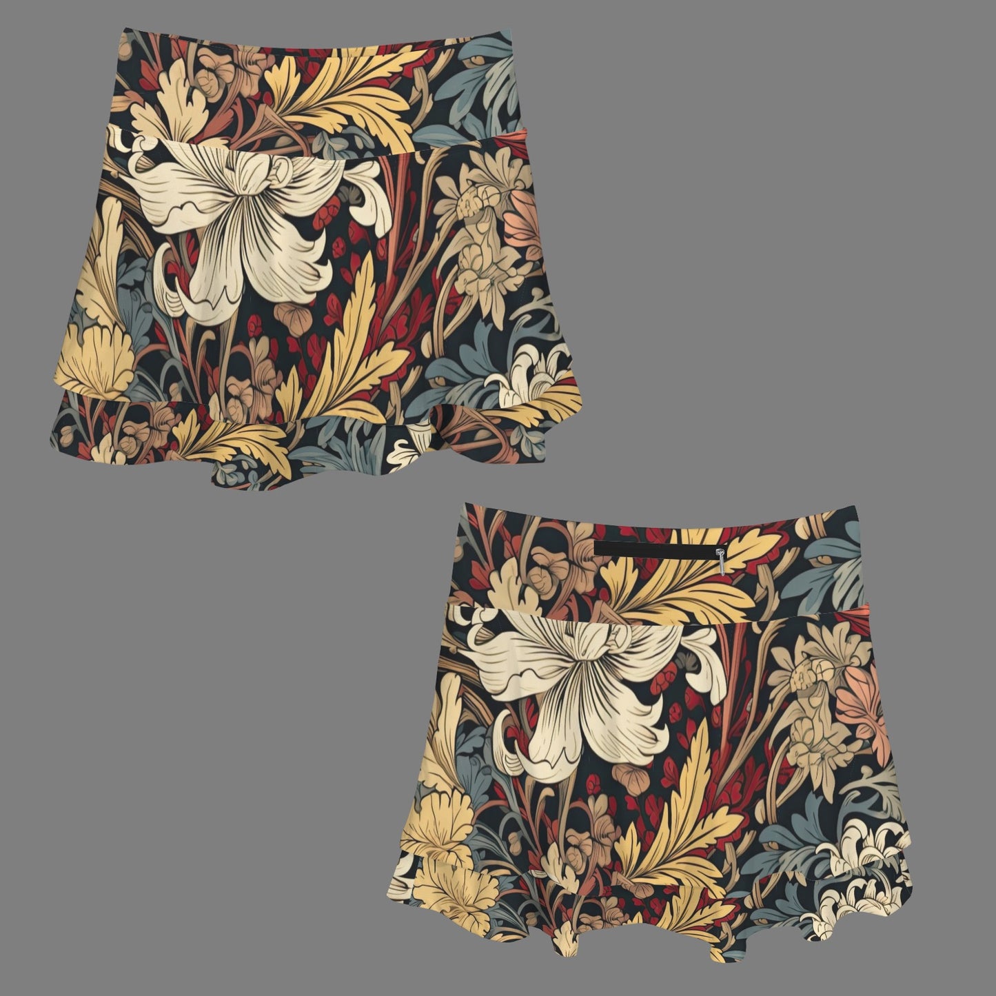 Floral High Waist Layered Ruffle Zip Pocket Sports Skirts