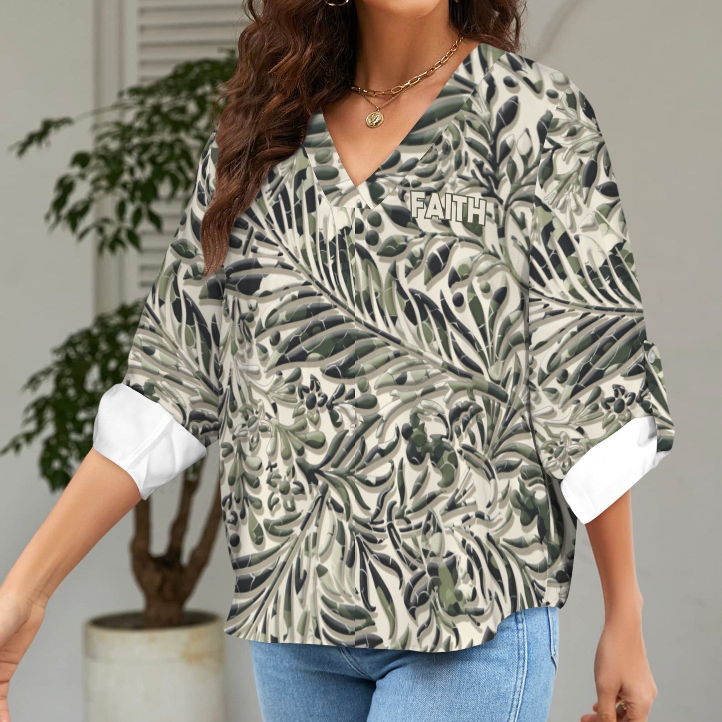 "Faith Ephesians 2:8" Green & White Floral Women's V-Neck Cuffed Sleeve Blouse Tops