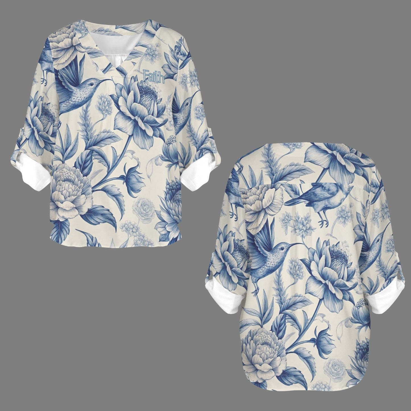 "Faith Ephesians 2:8" Blue & White Birds & Floral Women's V-Neck Cuffed Sleeve Blouse Tops