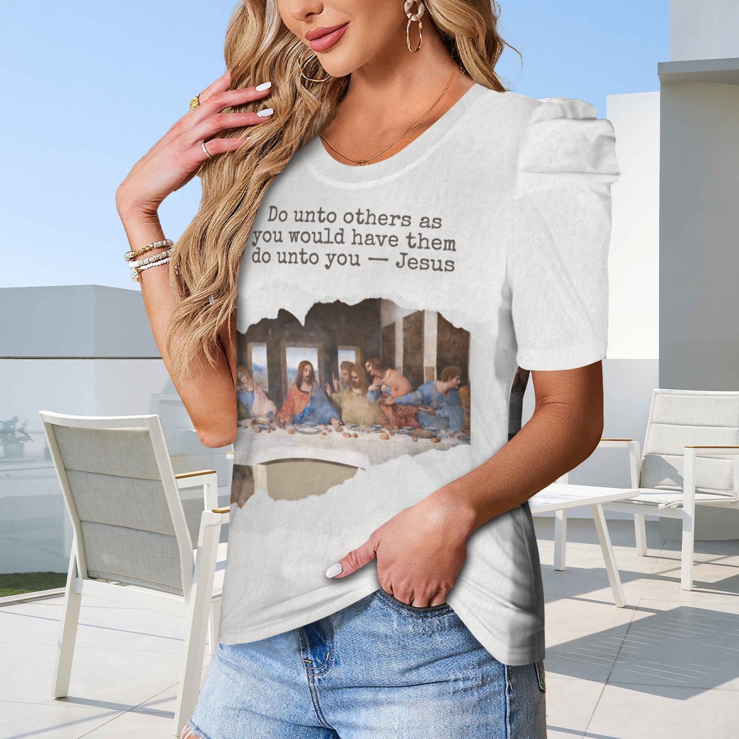 "Do unto Others..." Last Supper Women's Round Neck Puff Sleeve T-Shirts