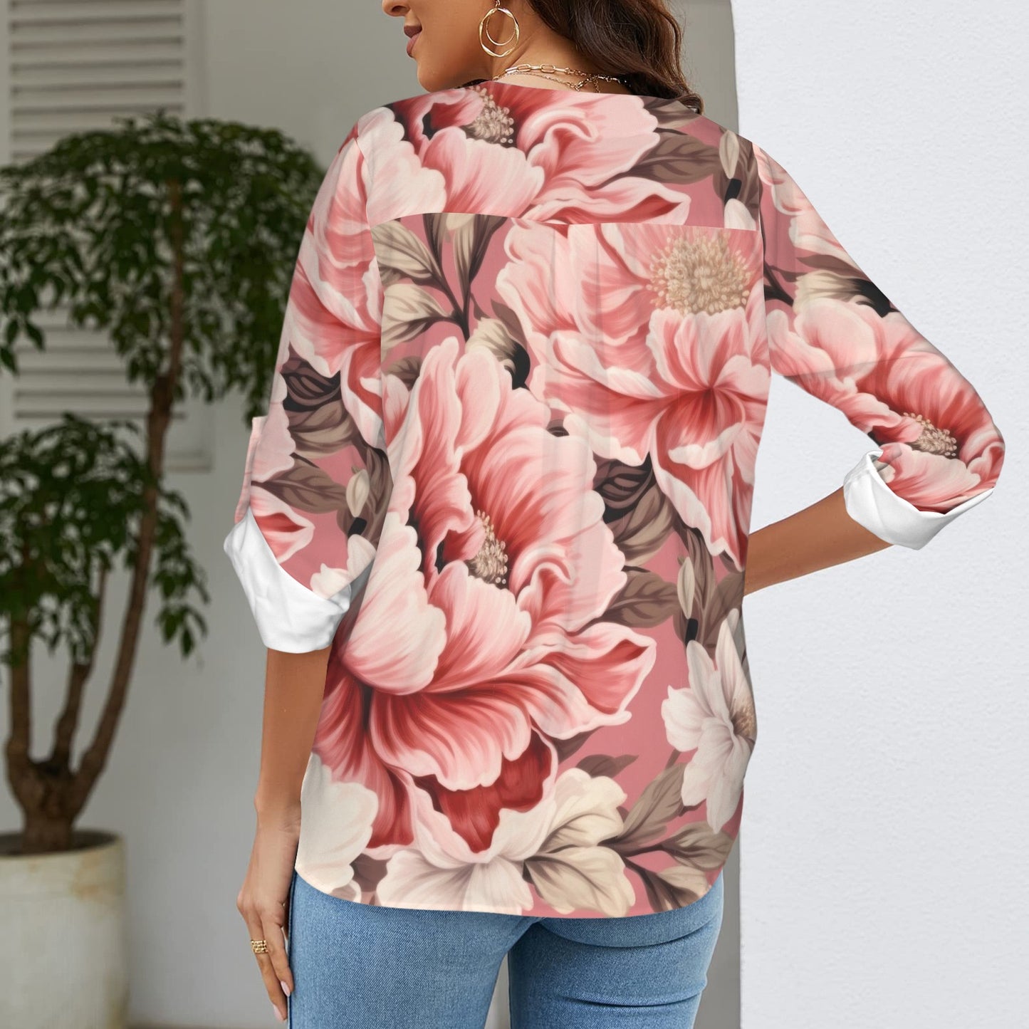 "Faith " Pink &White Floral Women's V-Neck Cuffed Sleeve Blouse Tops