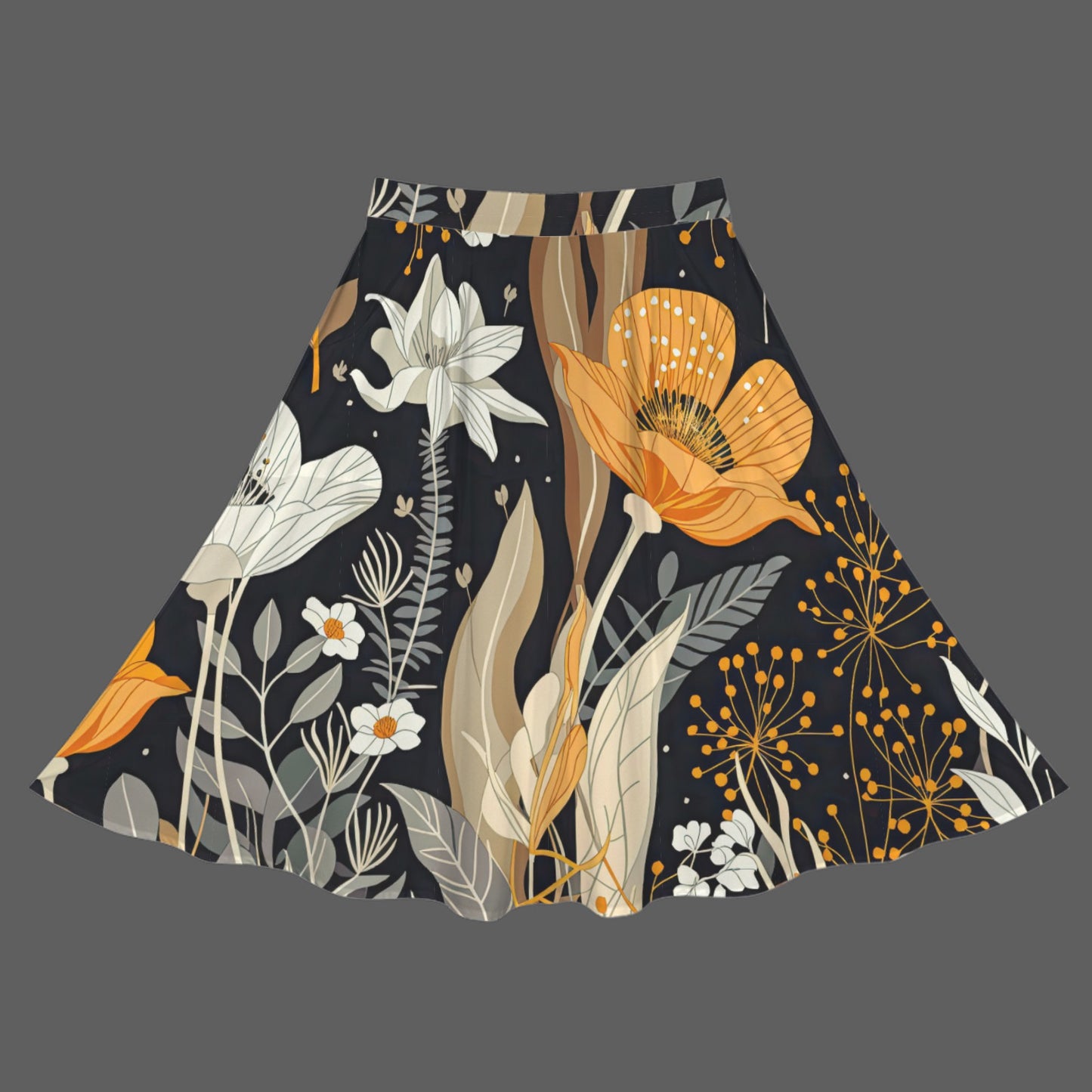 Black Orange & White Floral Women's Elastic Waist Pocket Maxi Skirt