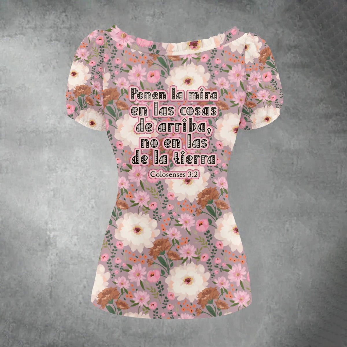 Camisa plisada con mangas abullonadas para mujer con estampado floral rosa y blanco "Colosenses 3:2"