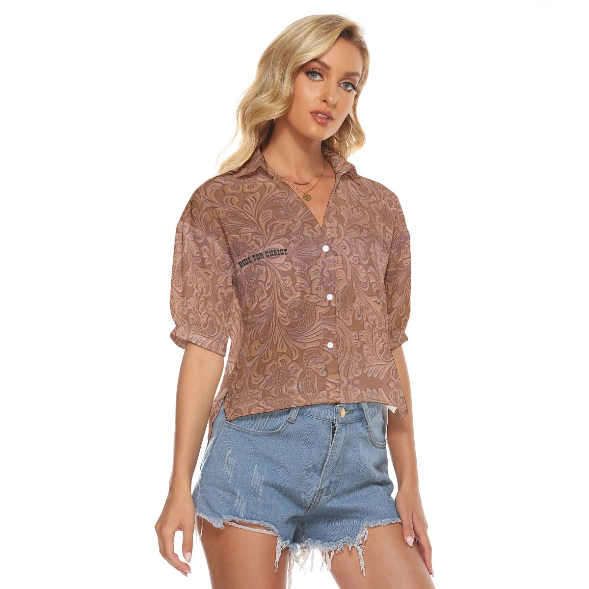 "Ride for Christ" Brown Tooled Leather Print Women's V-neck Shirts