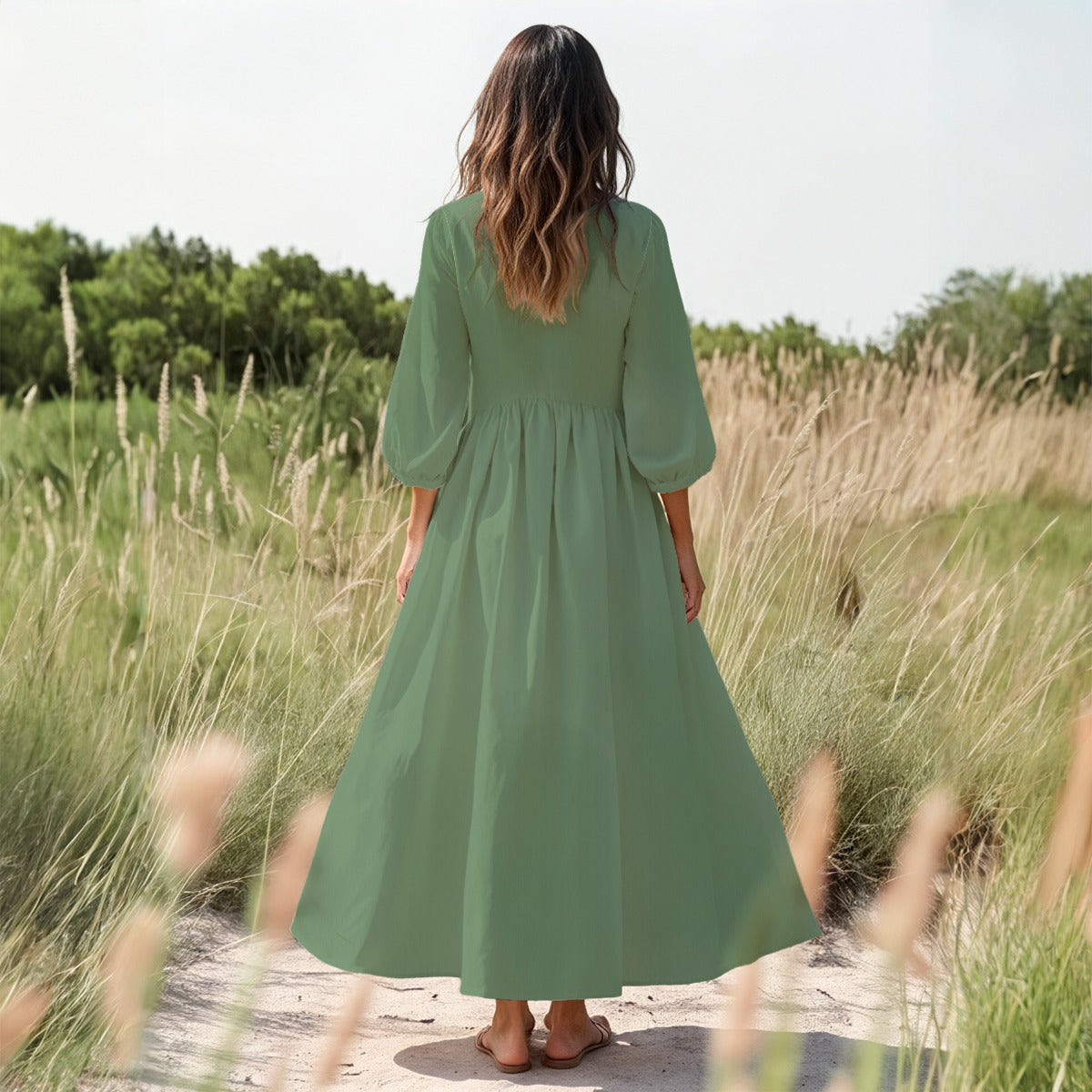 Green Women's Long Sleeve Dress with High Waist & Puff Sleeves - Faith Hebrews 11:1