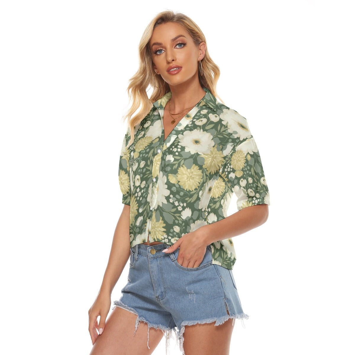 "Blessed Matthew 5:44" Green & White Floral Print Loose V-Neck Women's Shirt with Side Slits and Pockets
