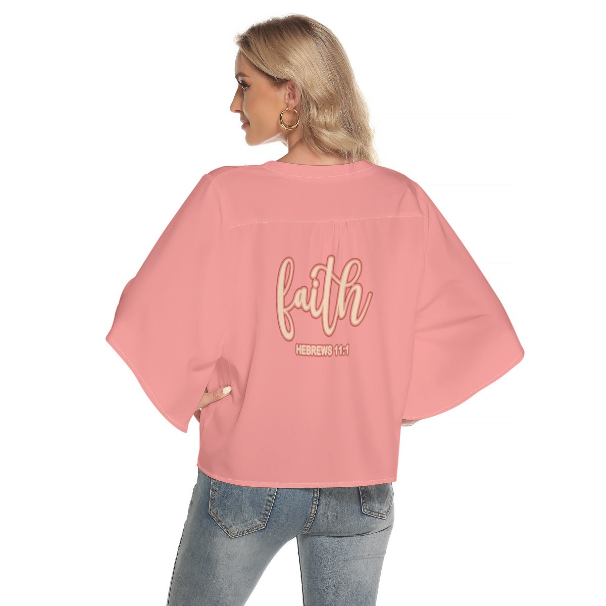 Pink Women's Bat Sleeve Light V-neck Front Buttoned Top "Faith Hebrews 11:1"