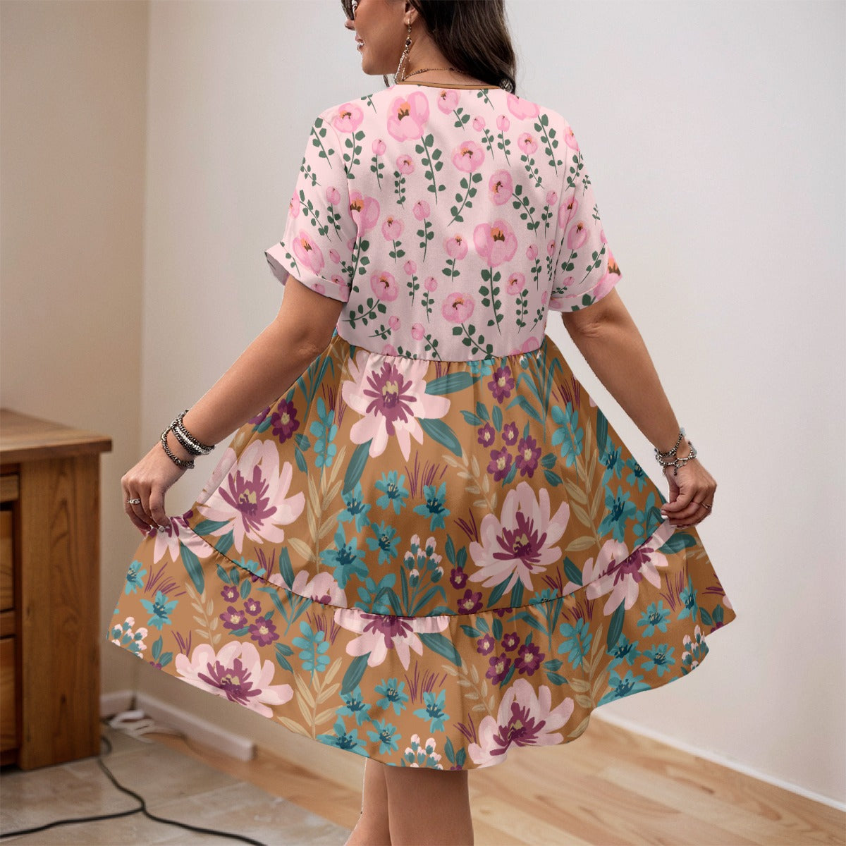 Blessed Matthew 5:4 Two Tone Floral Print Women’s V-Neck Short Sleeve A-Line Dress
