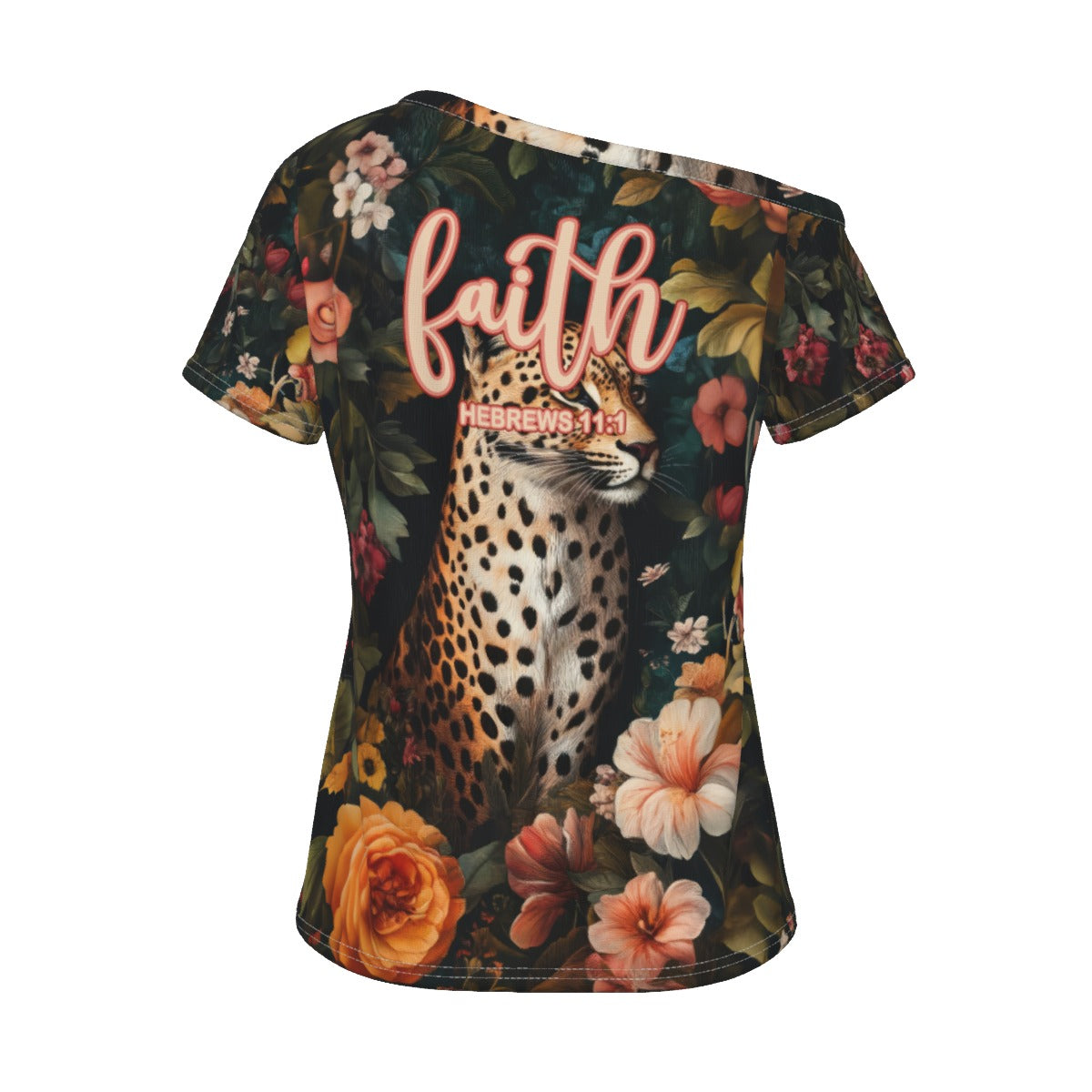 Leopard Floral Print Off-Shoulder T-shirt for Women - "Faith Hebrews 11:1"