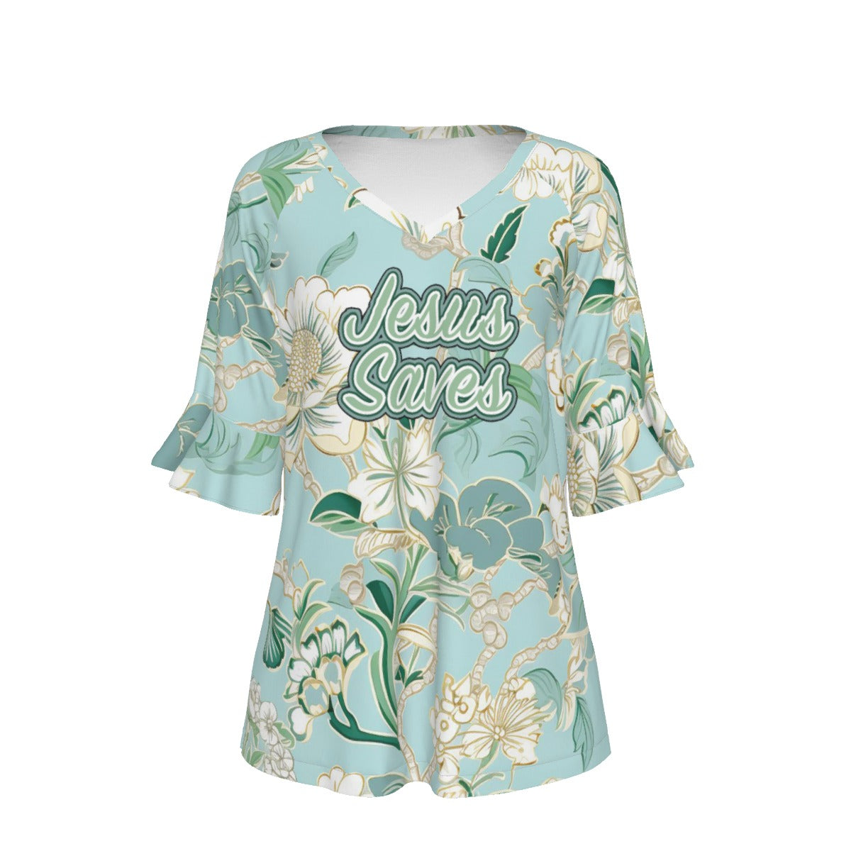 "Jesus Saves ask me how" Blue Floral V-Neck Women's T-Shirt with Bell Sleeve - Soft Jersey Fabric & Feminine Style