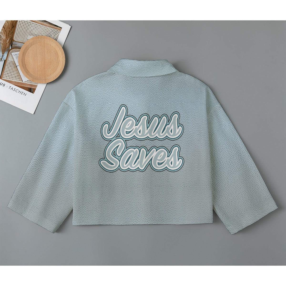 "Jesus Saves" Blue Faux Cotton Leather & Floral Women's Cropped Jacket | 245GSM Cotton