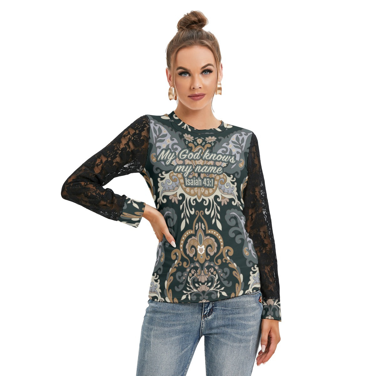 Women's Black Lace Trim T-shirt with Lantern Sleeve "My God knows my name"