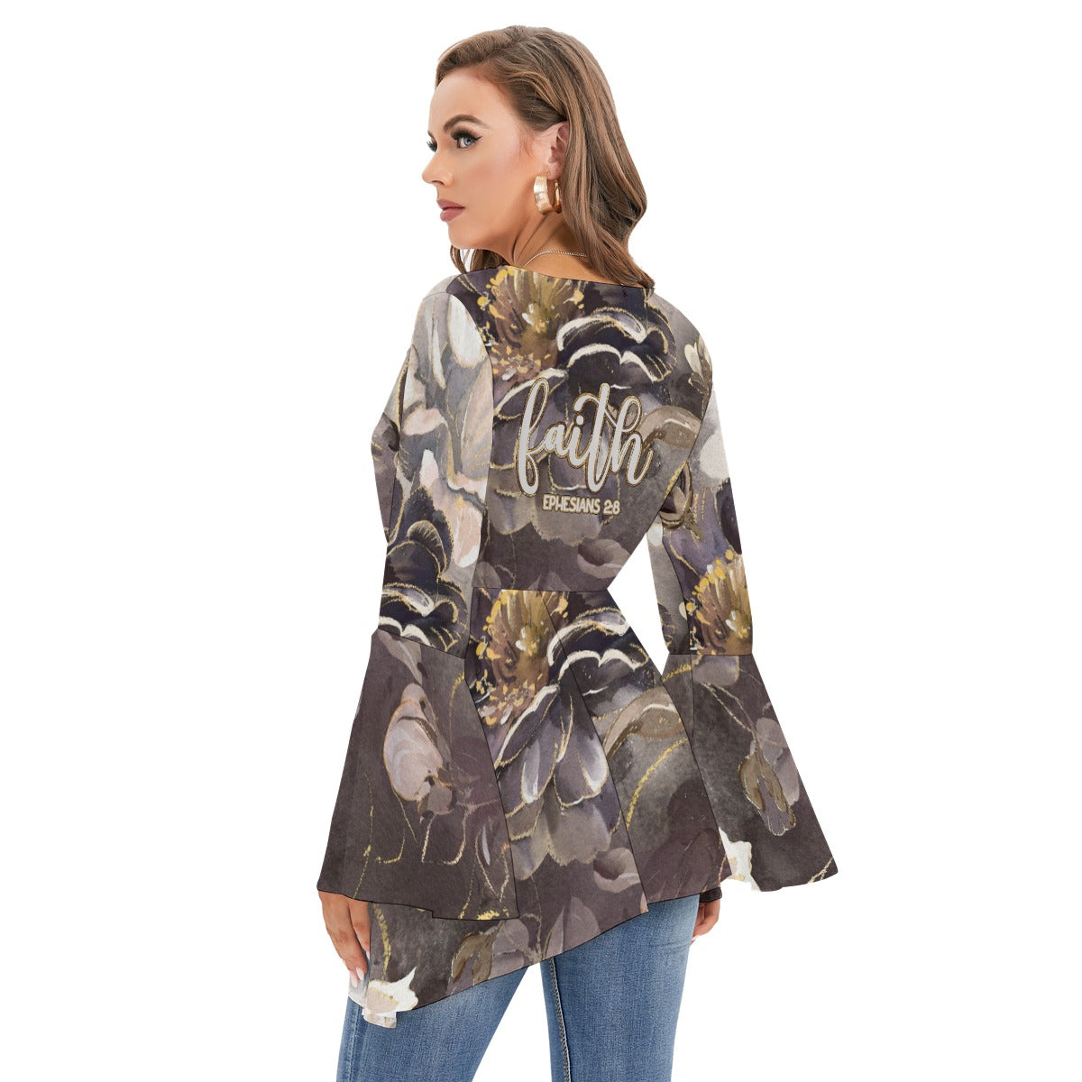Women's V-neck Blouse With Flared Sleeves "Faith Ephesians 2:8"