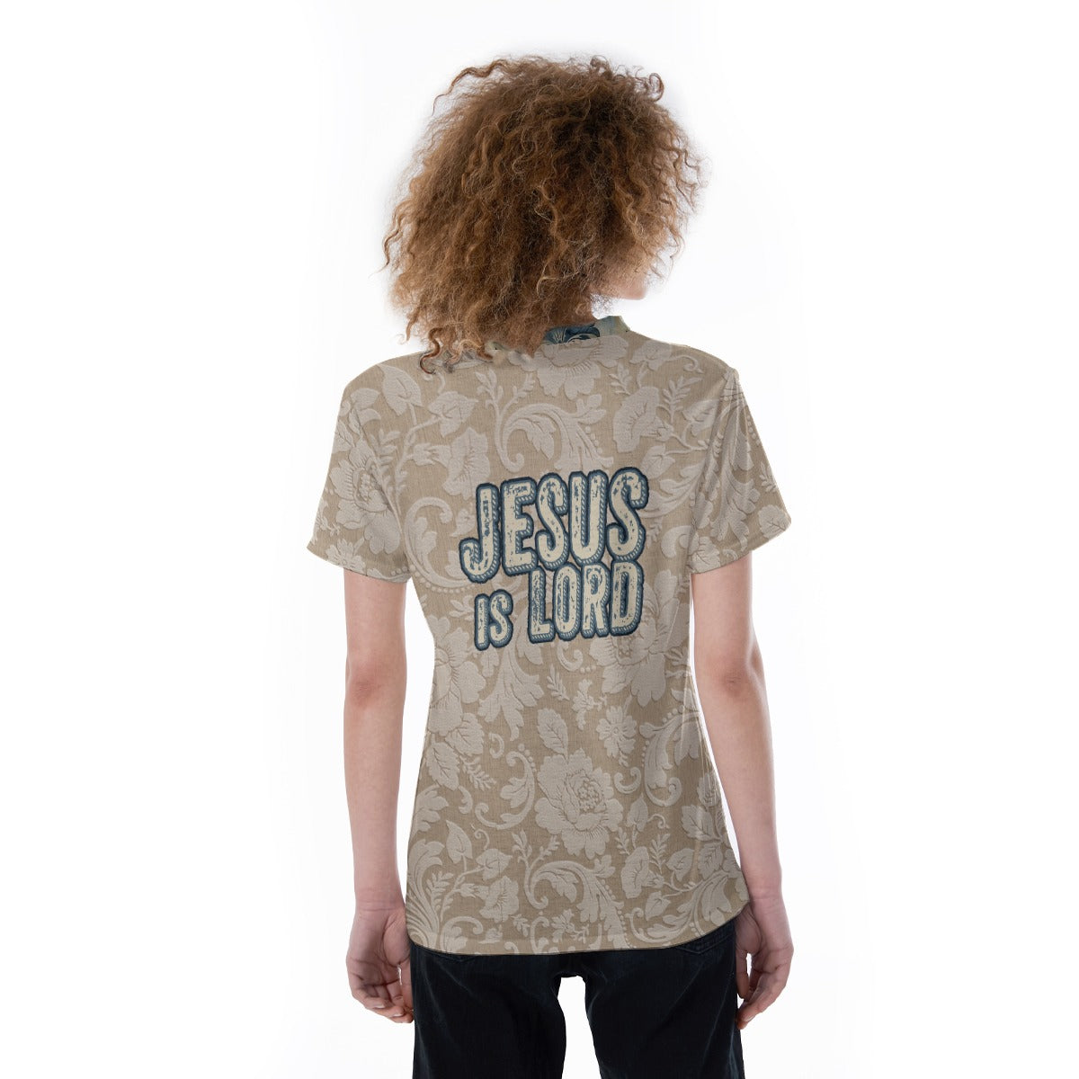 "Jesus is Lord" Beige Floral Pattern with Blue & Beige Damask Pattern Collar All-Over Print V-neck Women's T-shirt