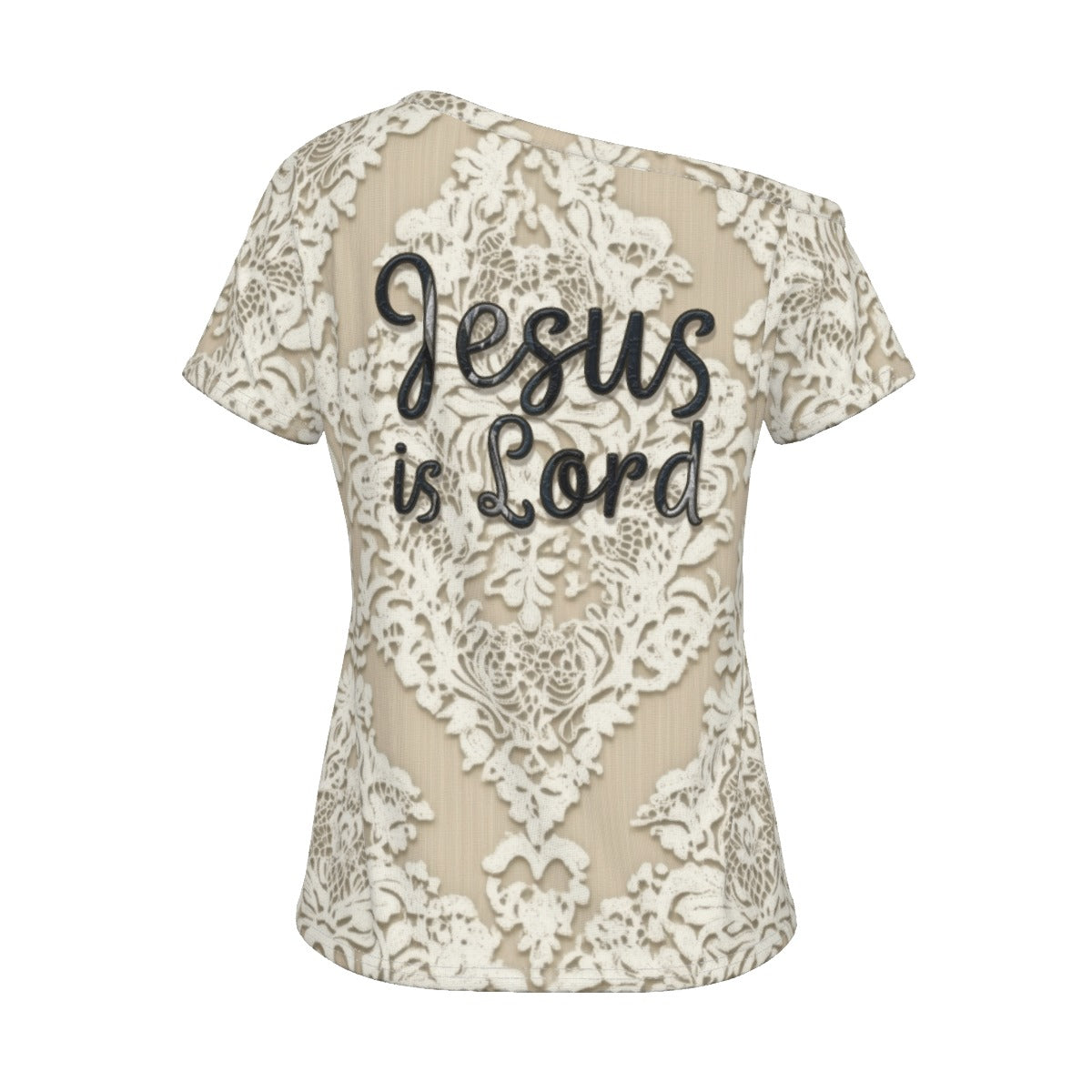 "Jesus is Lord" Faux Lace Women's Off-Shoulder Comfortable Jersey T-shirt, Showcasing Style & Versatility