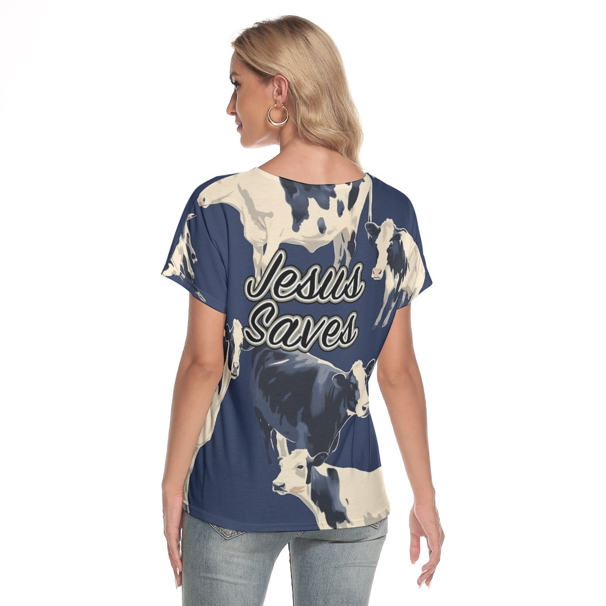 Jesus Saves Blue Cow Print Women's V-Neck Short Sleeve T-Shirt