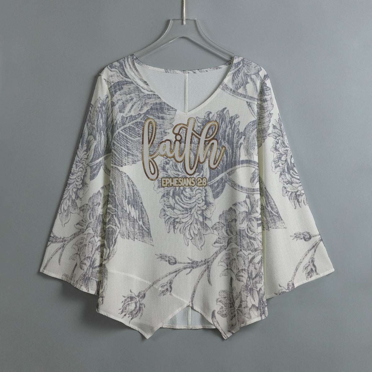 Women's V-neck T-shirt With Irregular Hem "Faith Ephesians 2:8"