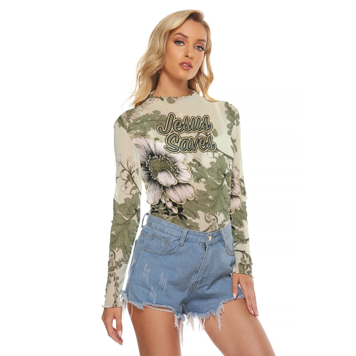 "Jesus Saves" Green & White Women's Mesh T-shirt with Long Sleeves - Breathable & Stylish Design