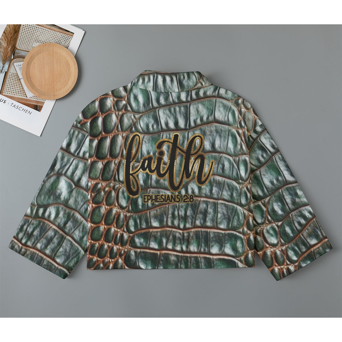 "Faith Ephesians 2:8" Green Faux Alligator Women's Cropped Jacket | 245GSM Cotton