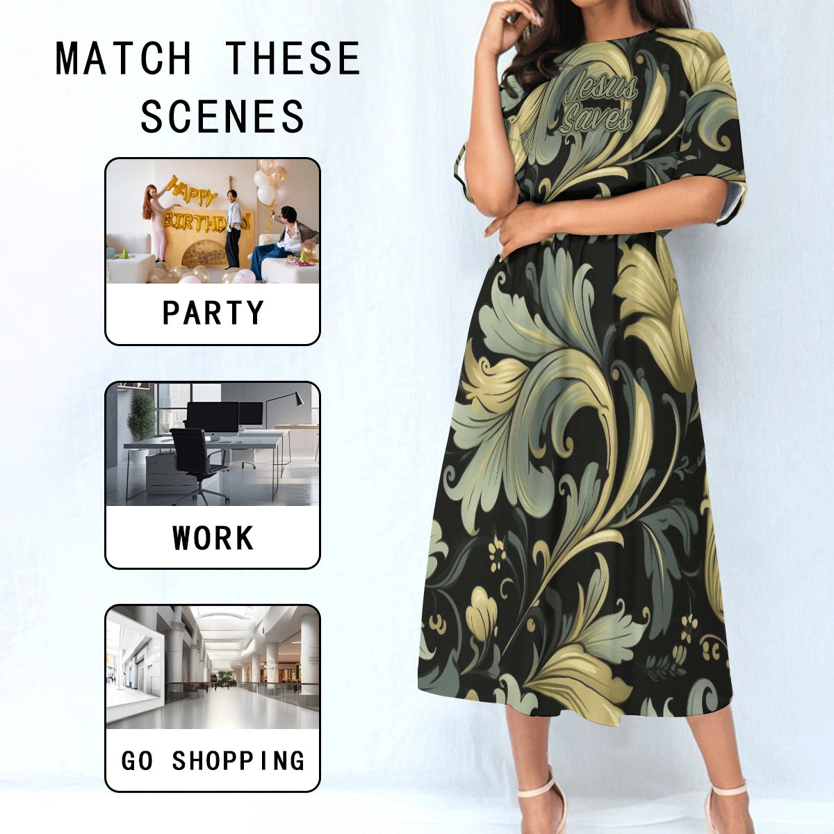 "Jesus Saves" Gold Green & Black Swirly Floral Women's Elastic Waist Dress with Four-Way Stretch for Everyday Fashion