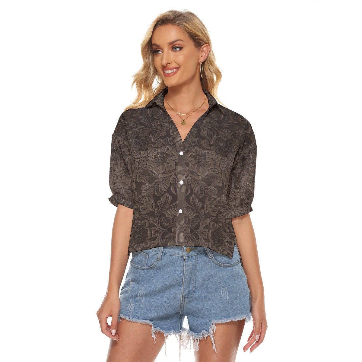 "Ride For Christ" Chocolate Tooled Leather Print Women's V-neck Shirts