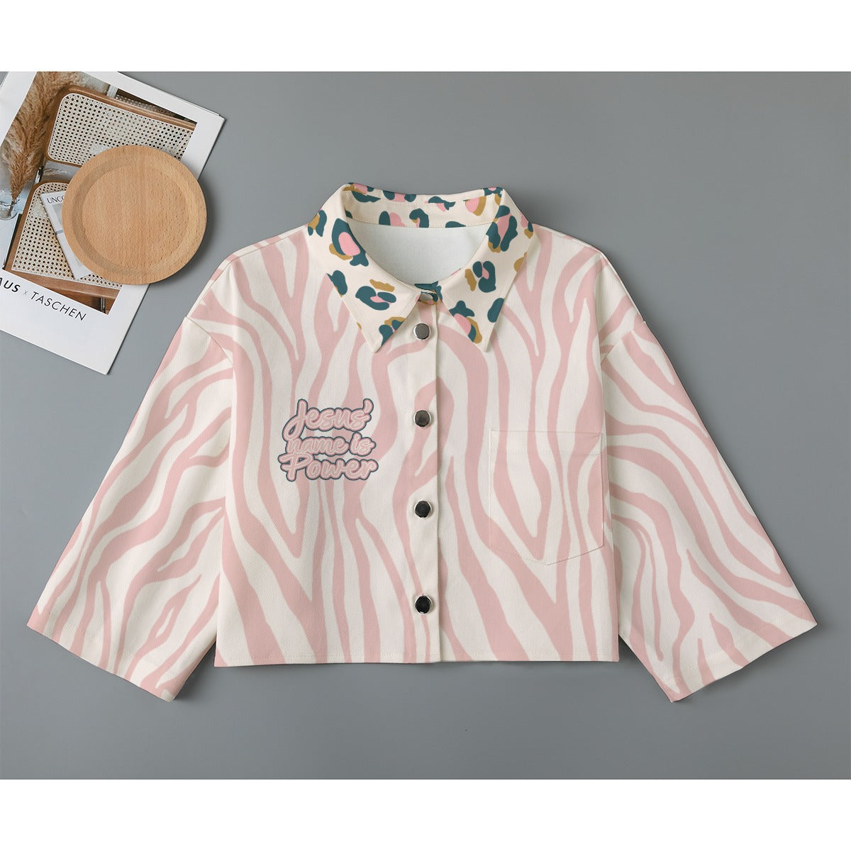 "Jesus' name is Power" Pink Zebra & Leopard Print Cropped Jacket | 245GSM Cotton