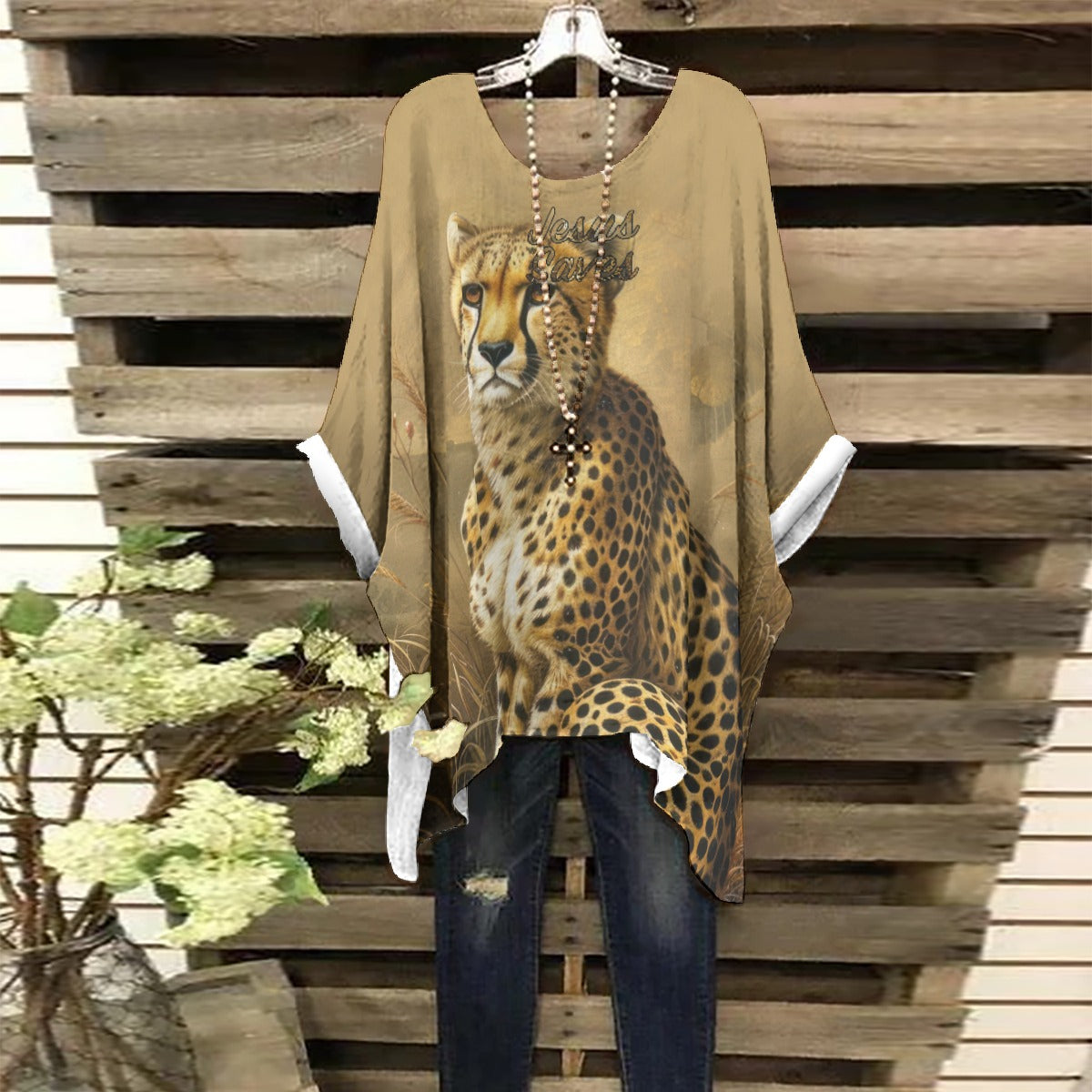 "Jesus Saves" Leopard Print Women's Bat Sleeve Shirt