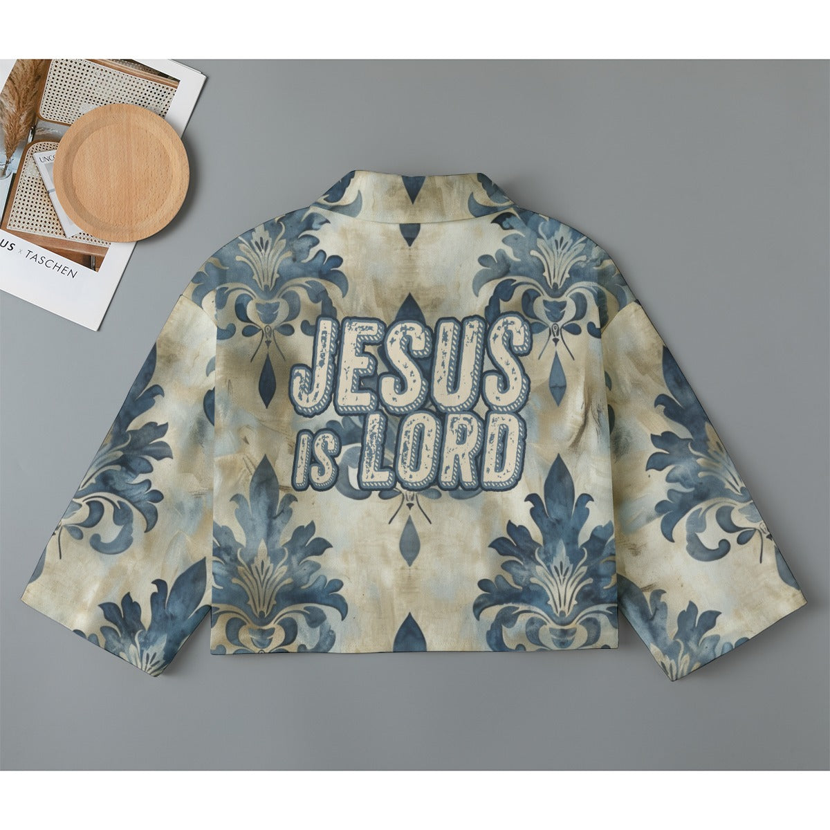 "Jesus is Lord" Blue & Beige Damask Pattern Women's Stylish Cropped Denim-Inspired Cardigan, Pure Cotton | 245GSM