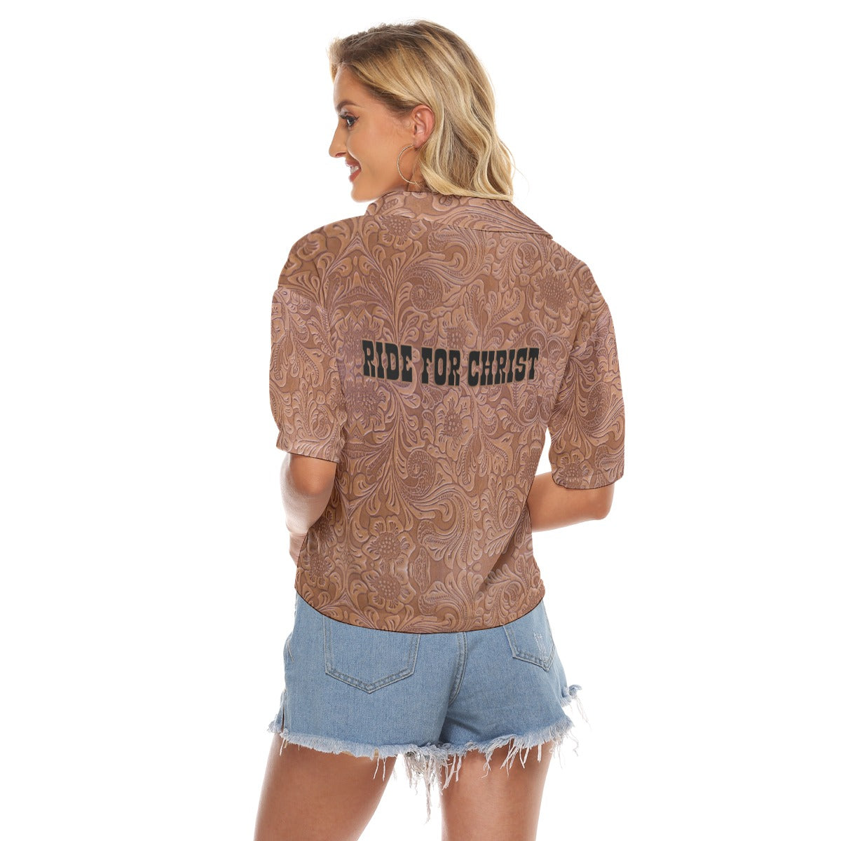 "Ride for Christ" Brown Tooled Leather Print Women's V-neck Shirts