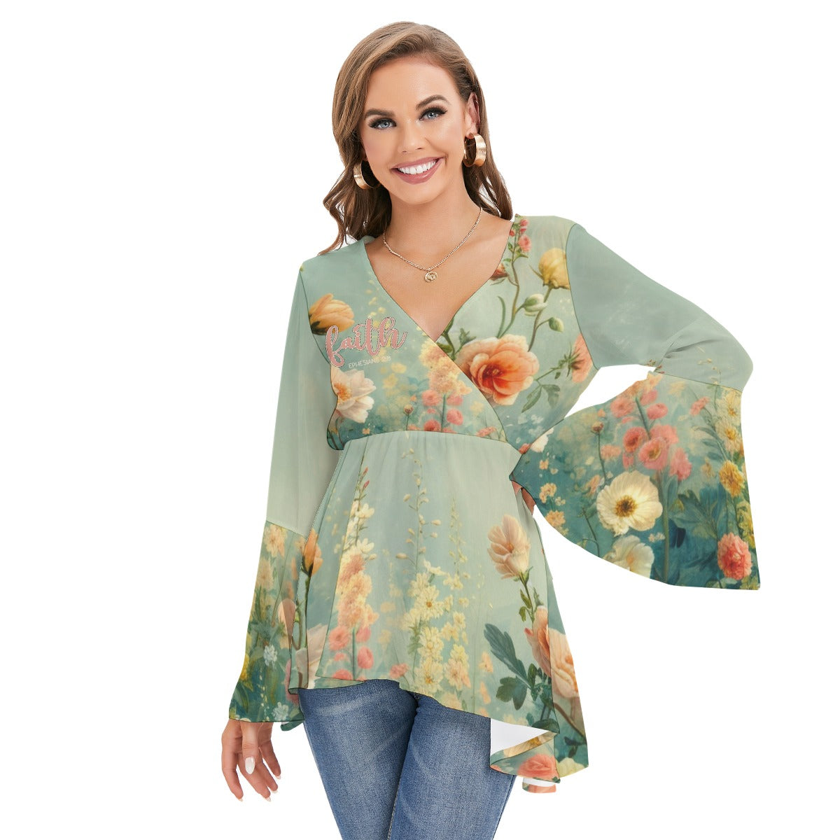 Women's V-neck Polyester Blouse with Flared Butterfly Sleeves & Faith Ephesians Design