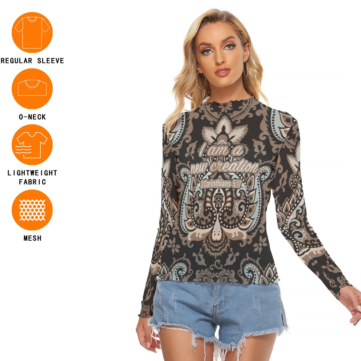 Black Paisley Print Women's Mesh T-shirt "I am a new creation"