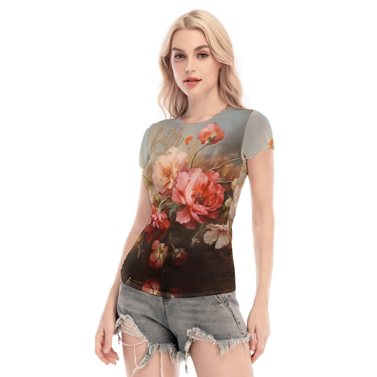 Faith Ephesians 2:8 Floral Women's Mesh Blouse - Slim Fit & Lightweight for Versatile Style