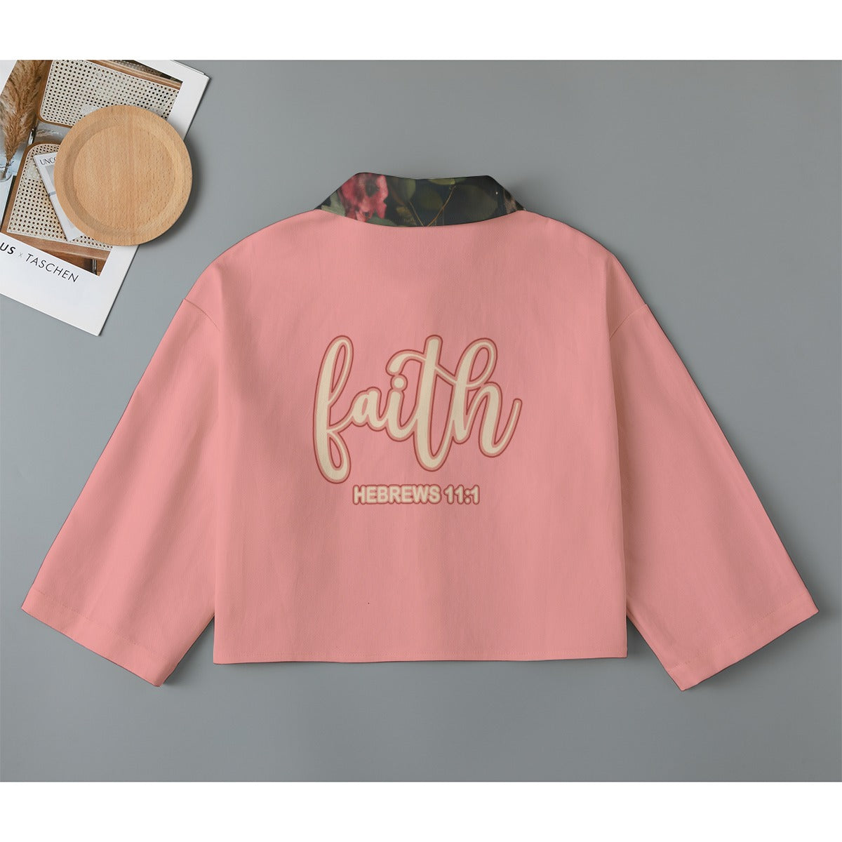 Pink Leopard Lapel Print Women's Cropped Jacket | 245GSM Cotton "Faith Hebrews 11:1"