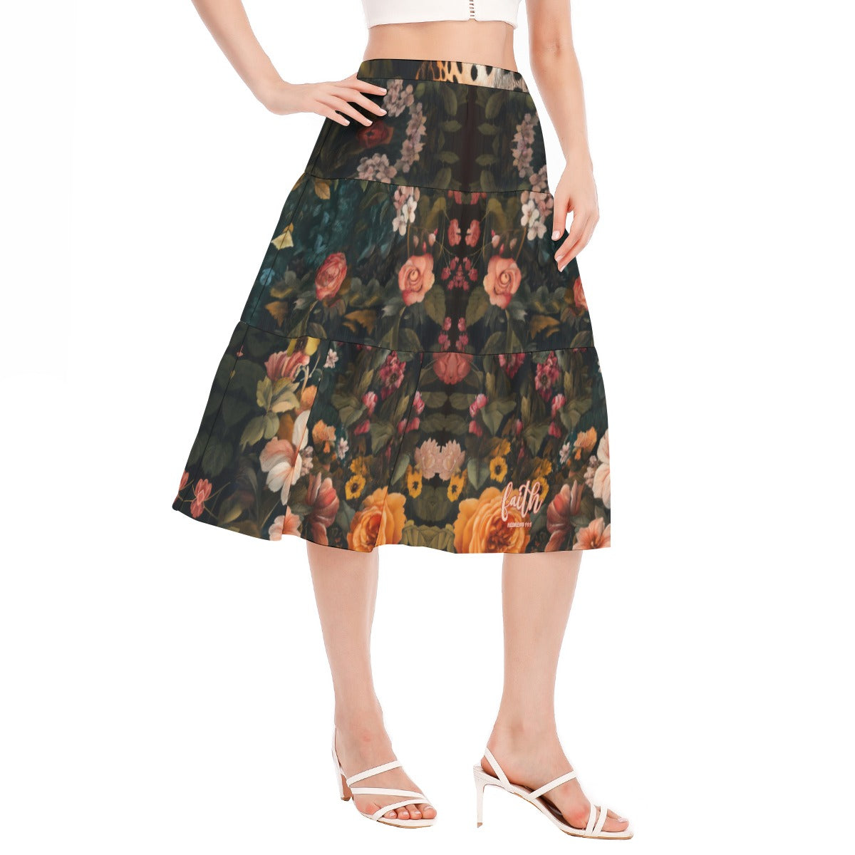 Floral Print Women's Chiffon Pleated Skirt with Stitched Design "Faith Hebrews 11:1"