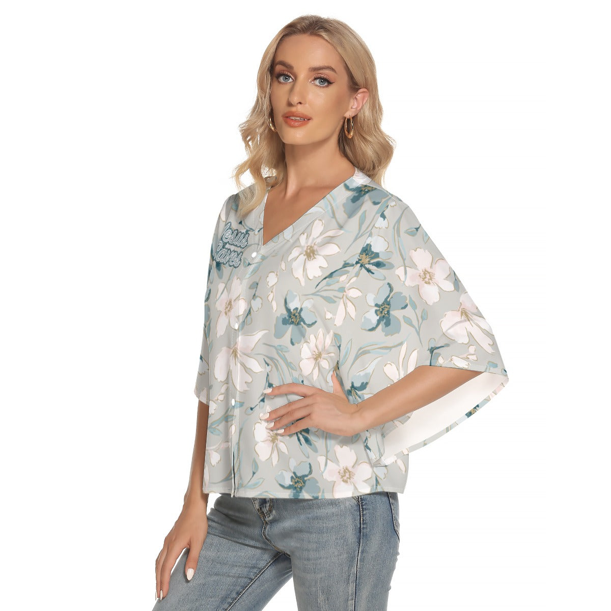 Elegant Women's Bat Sleeve V-neck Buttoned Top with Jesus Saves Design