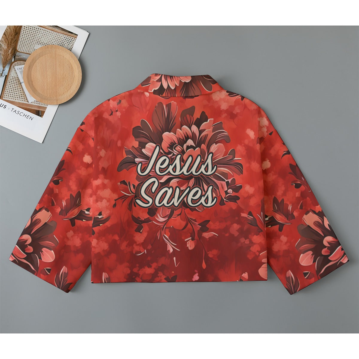 "Jesus Saves" Red Floral Women's Cropped Jacket | 245GSM Cotton