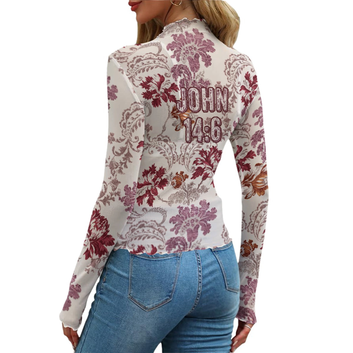 "John 14:6" Red & White Floral Print Mesh Long Sleeve T-Shirt for Women