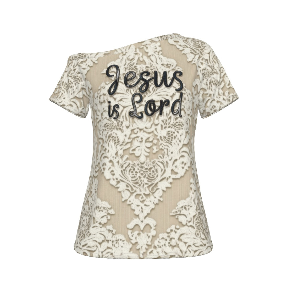 "Jesus is Lord" Faux Lace Women's Off-Shoulder Comfortable Jersey T-shirt, Showcasing Style & Versatility
