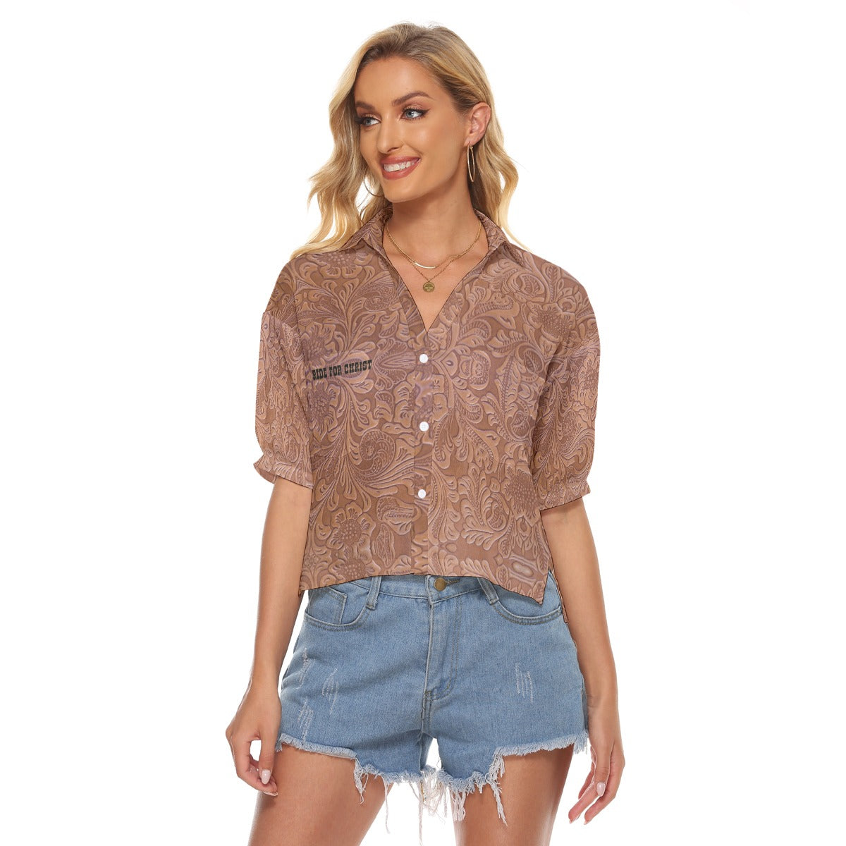"Ride for Christ" Brown Tooled Leather Print Women's V-neck Shirts