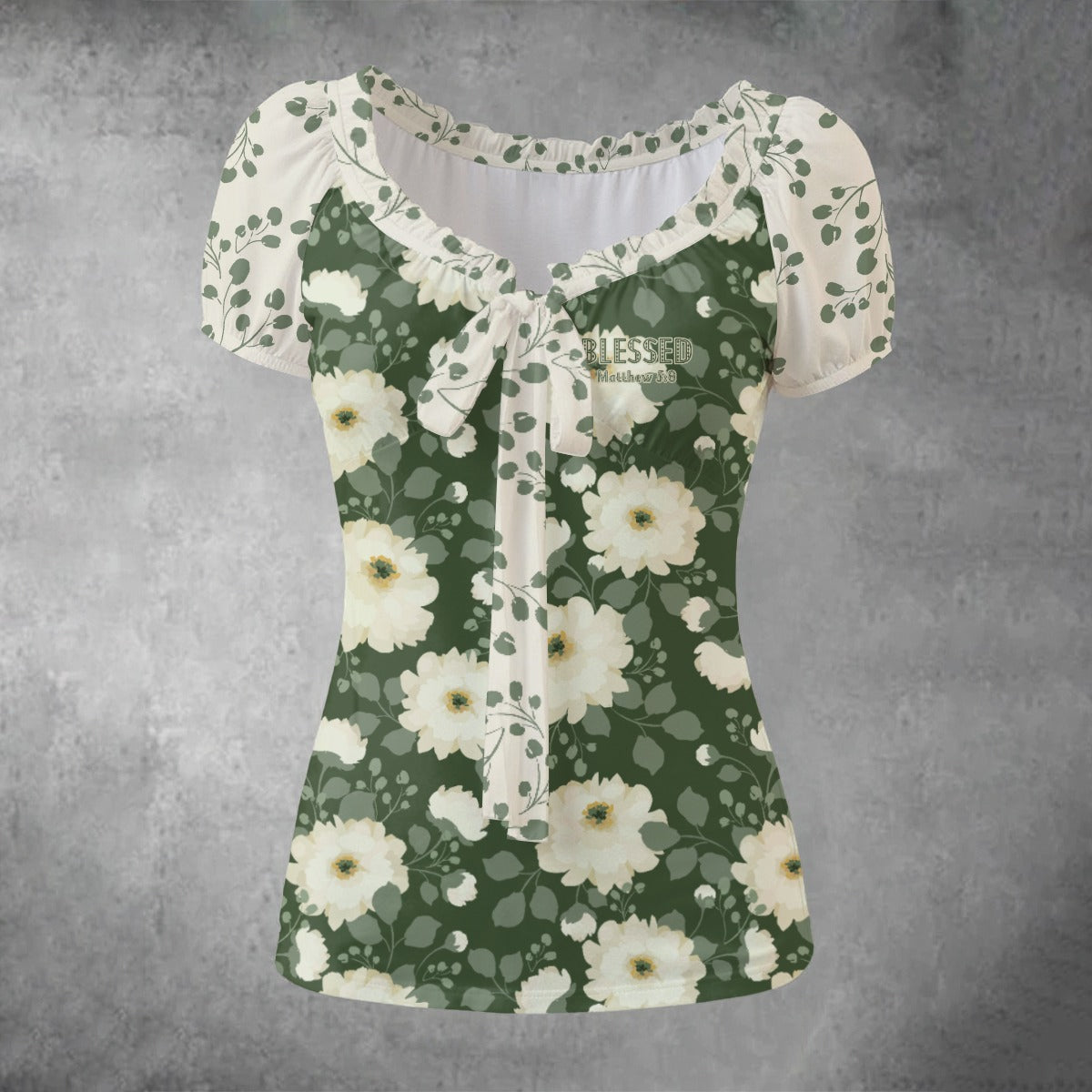 "Blessed Matthew 5:8" Green Floral Print Women's Puff Sleeve Pleated Shirt