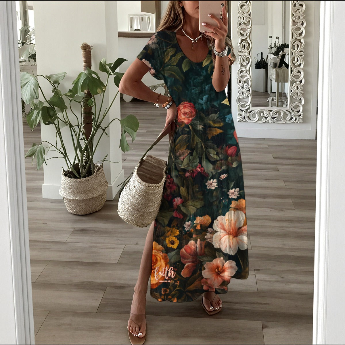 "Faith Hebrews 11:1" Floral Print Women's Cotton-Feel Polyester Maxi Dress with Pockets