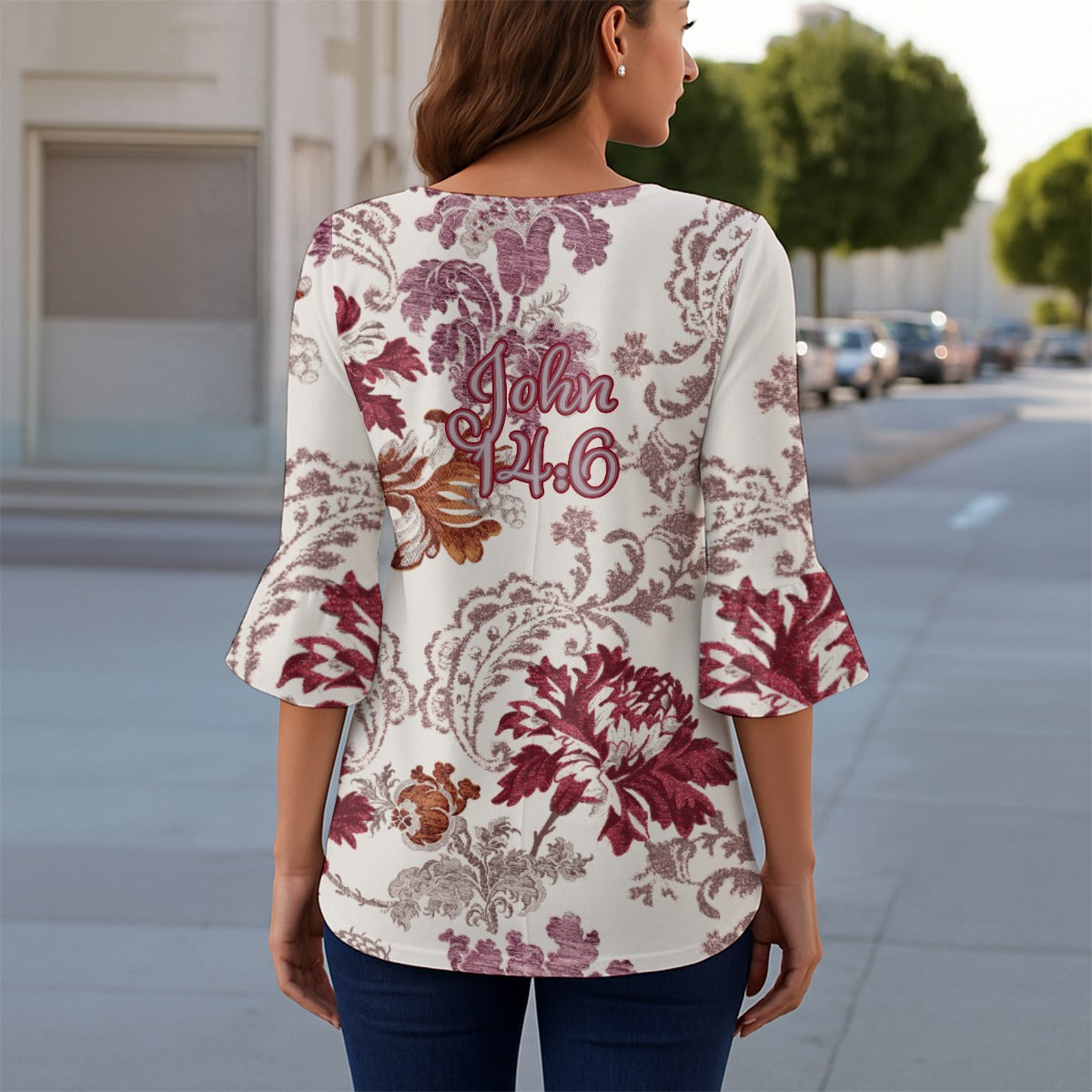 John 14:6 Red & White Floral 3/4 Sleeve Women's T-Shirt for Elegant Casual Wear