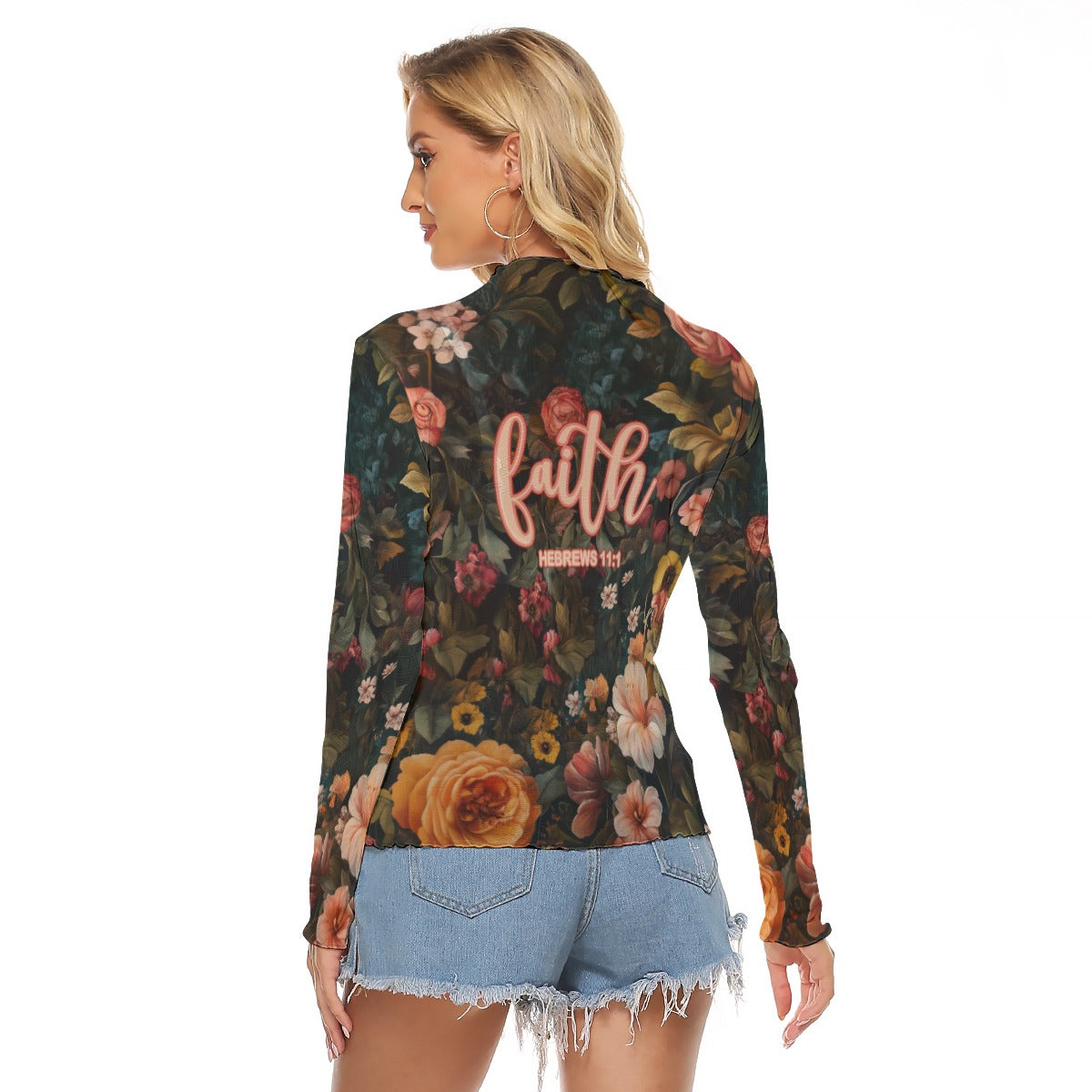 Leopard Floral Print Women's Mesh T-shirt Long Sleeve "Faith Hebrews 11:1"