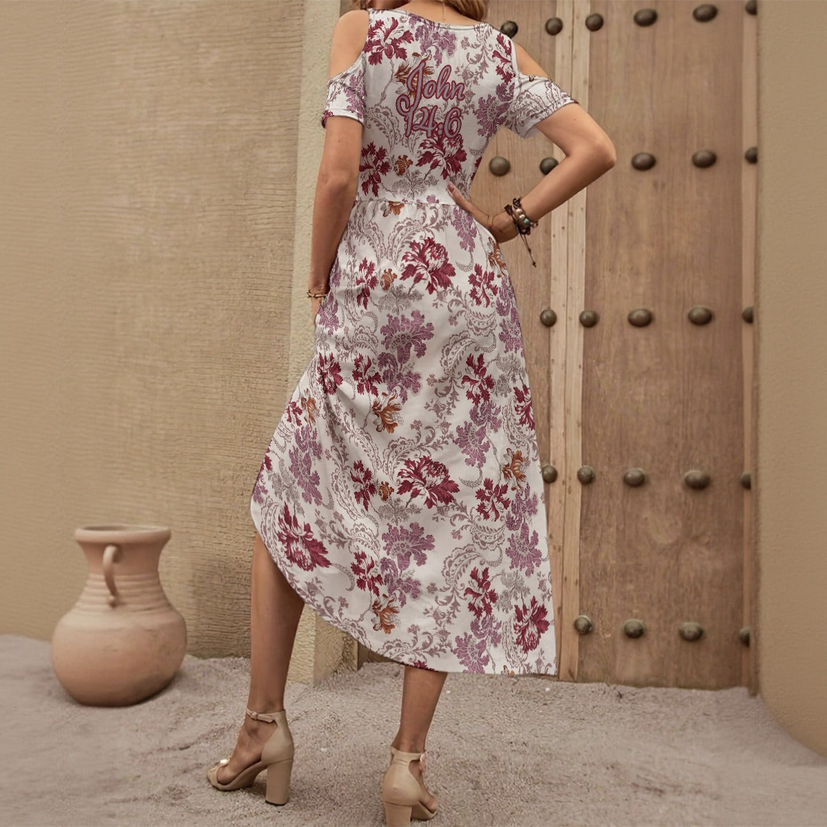 "John 14:6" Red & White Floral Off-Shoulder V-Neck Maxi Dress