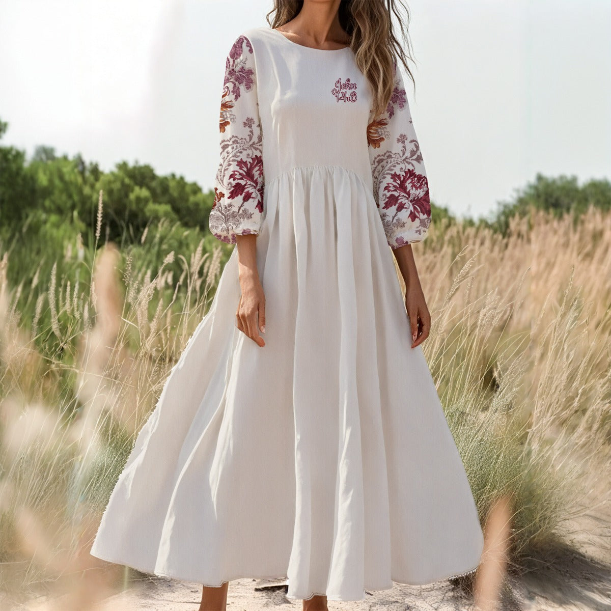 "John 14:6" White Women's red & White Floral Long Sleeve Dress