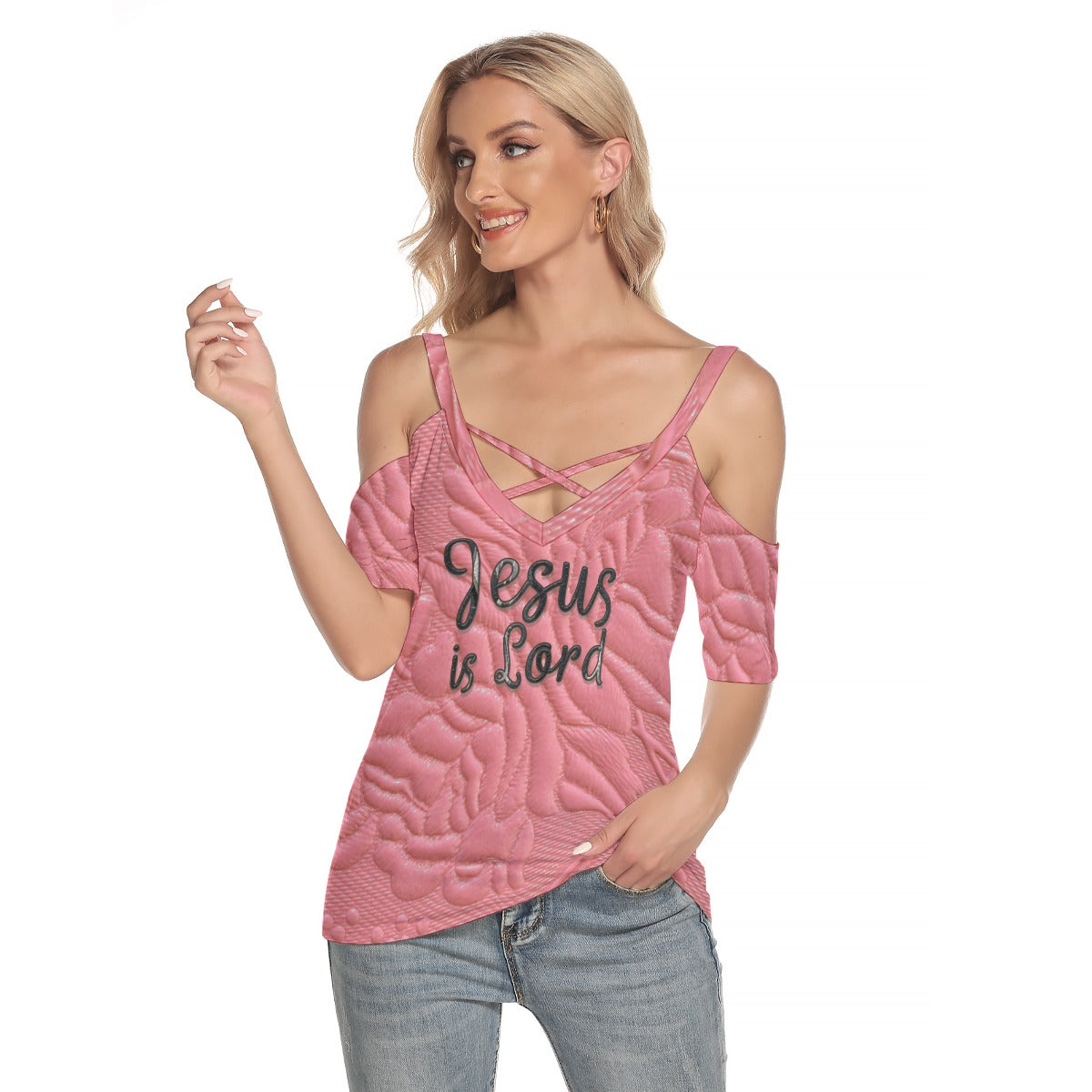 "Jesus is Lord" Pink Faux texture Women's Cold Shoulder T-shirt With Criss Cross Strips
