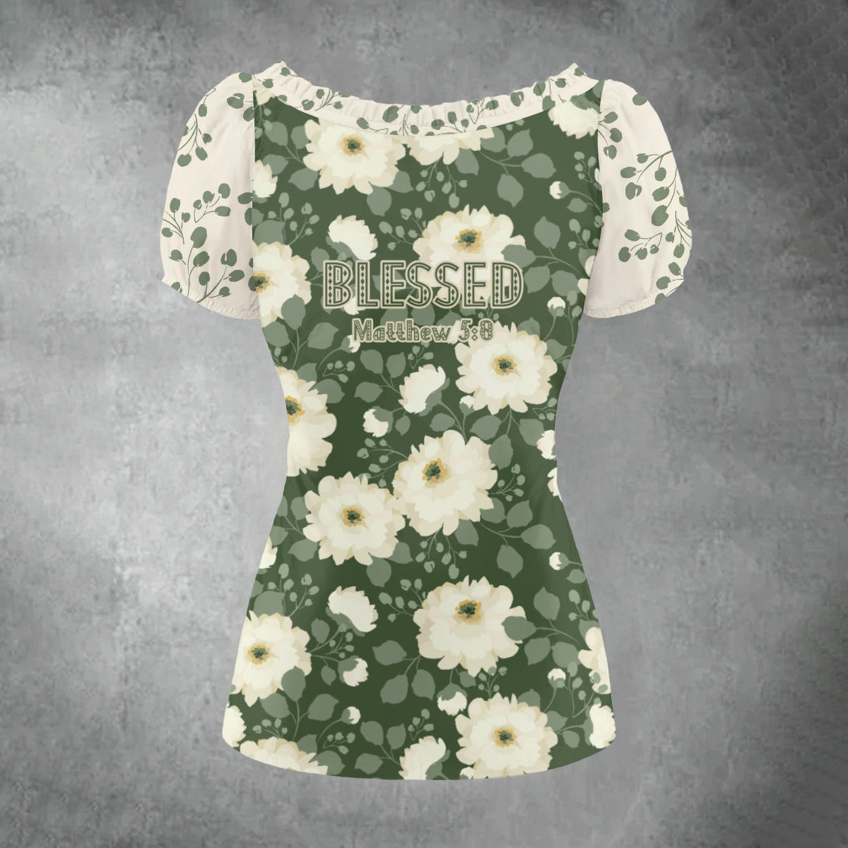 "Blessed Matthew 5:8" Green Floral Print Women's Puff Sleeve Pleated Shirt