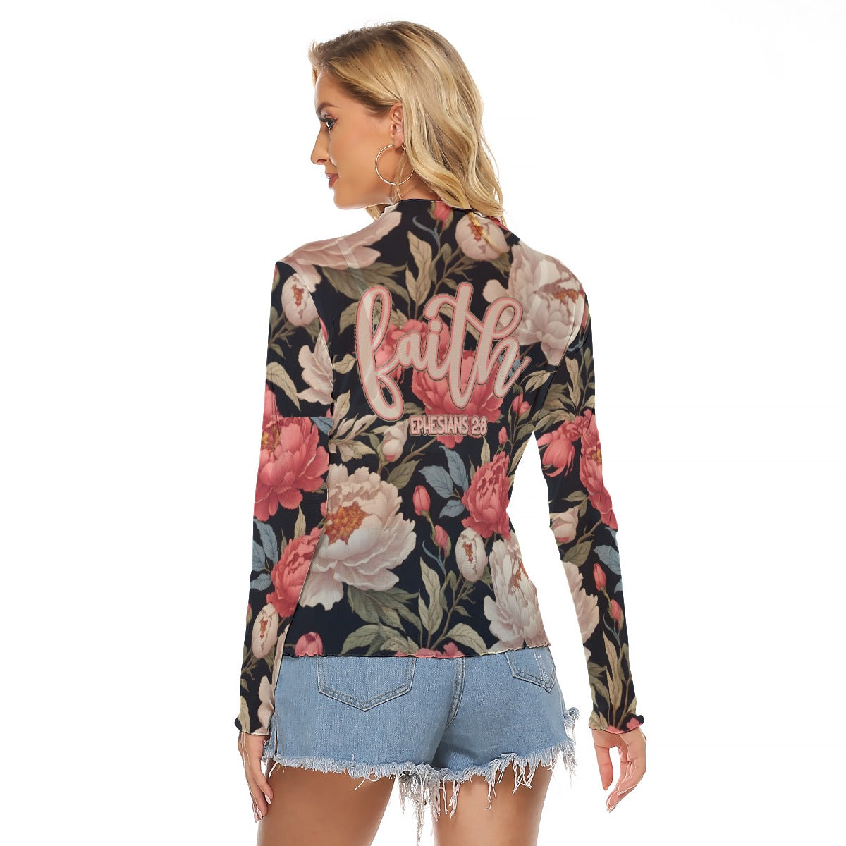 Faith Ephesians 2:8 Pink Black Floral Mesh Women's T-shirt Long Sleeve