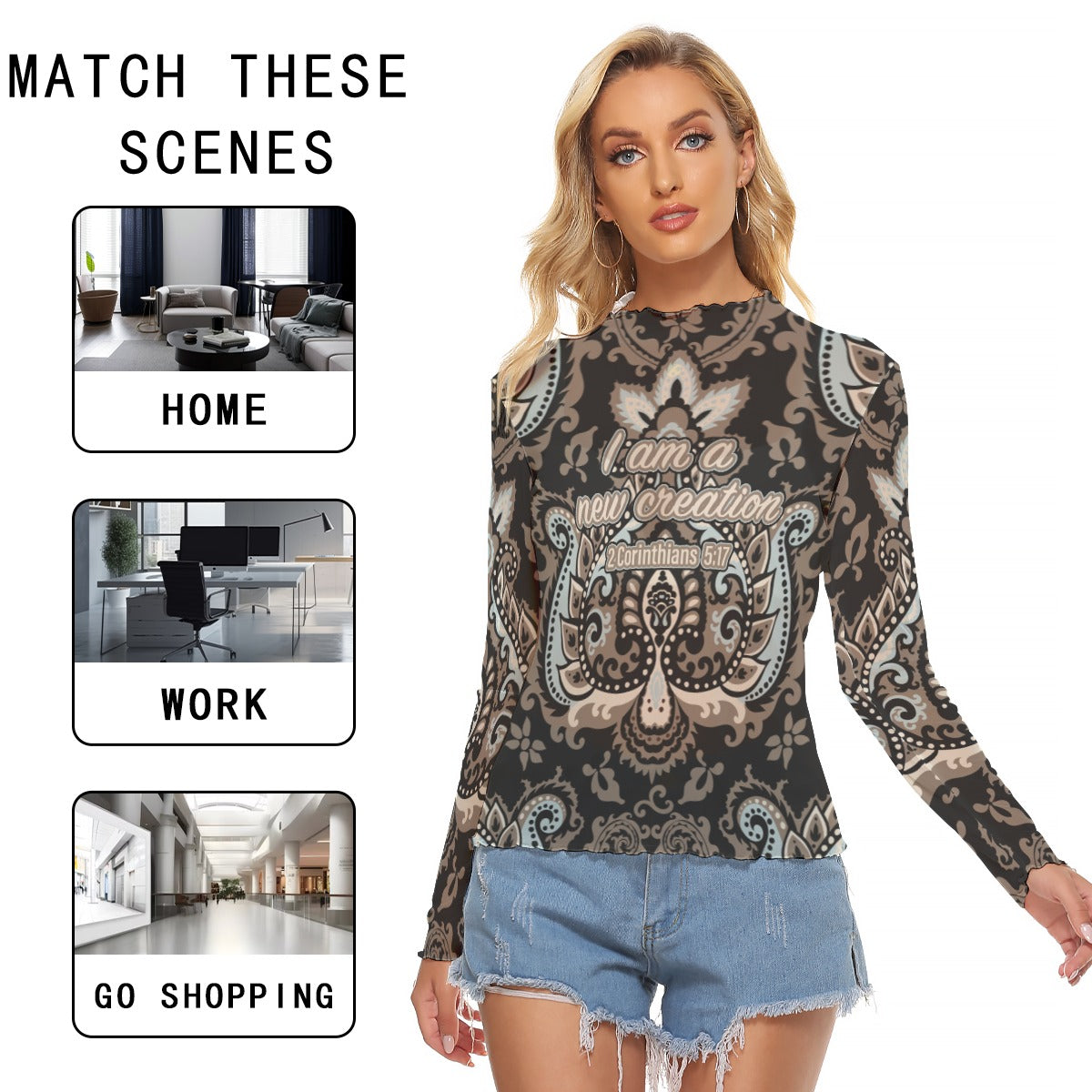 Black Paisley Print Women's Mesh T-shirt "I am a new creation"
